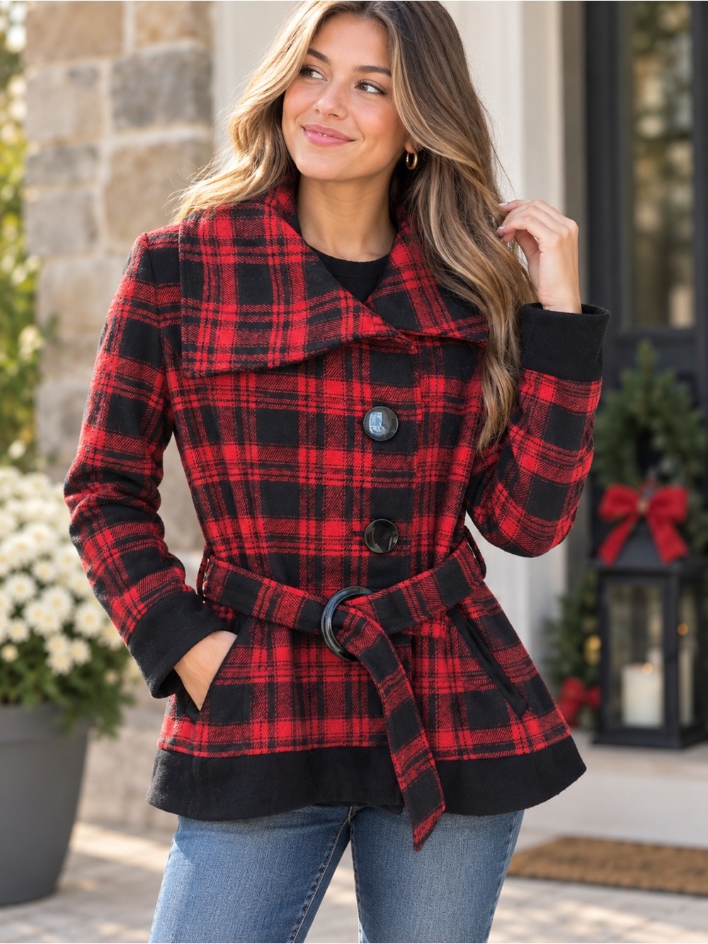 Guess Womens M Red Black Plaid Belted Coat Jacket Asymmetrical Collar